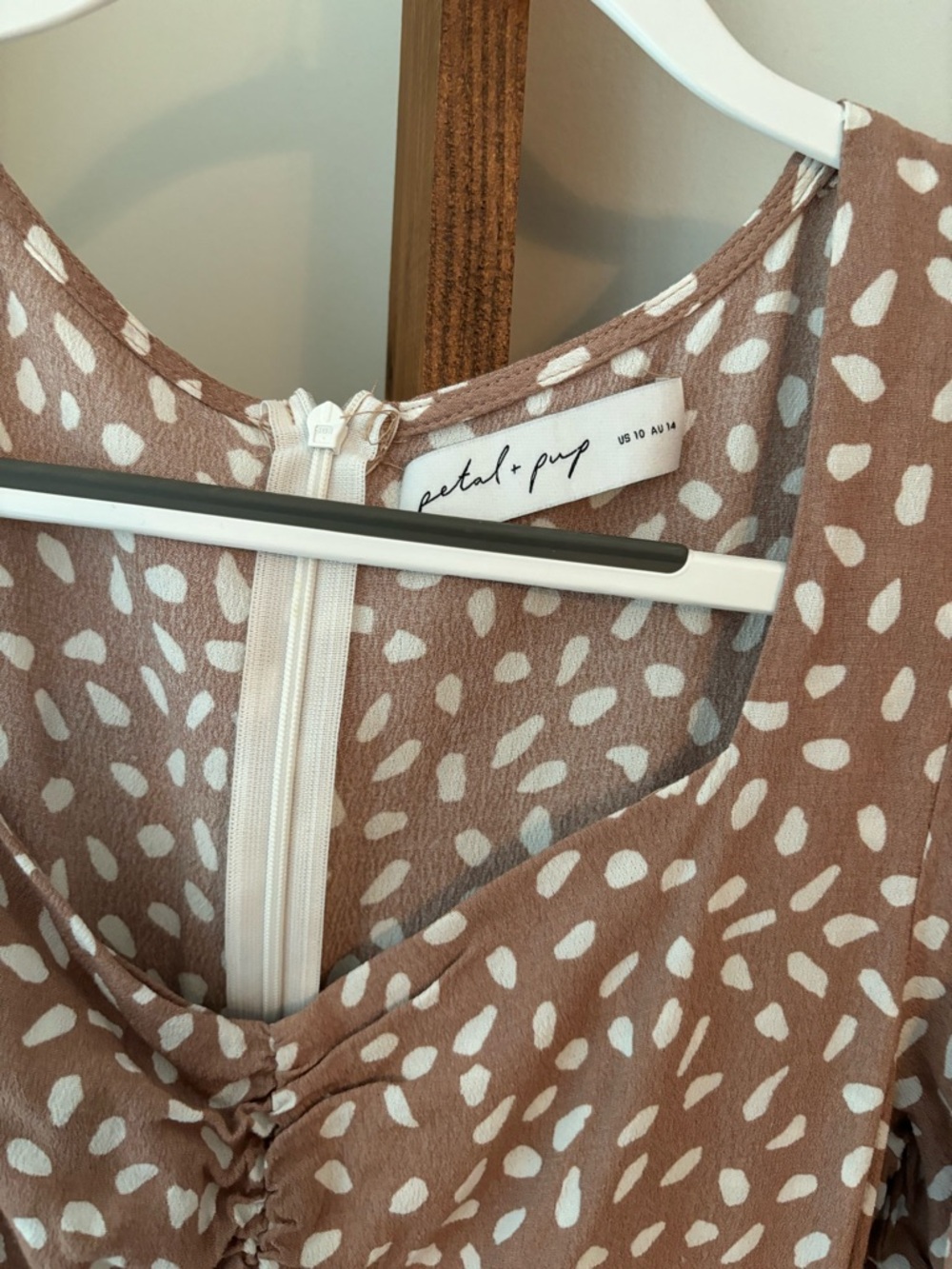 Petal & Pup Taupe Printed Midi Dress with Puff Sleeves - Picture 3 of 3